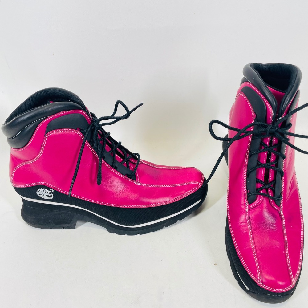 Timberland Womens Hot Pink Black Leather Ankle Boots 85369 Size 9M